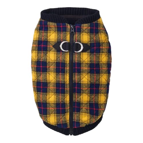 Gooby Fashion Vest Check Dog Jacket - Yellow Check, Small - Warm Zip Up Dog Bomber Vest with Dual D Ring Leash Water Resistant for Small to Medium Dogs
