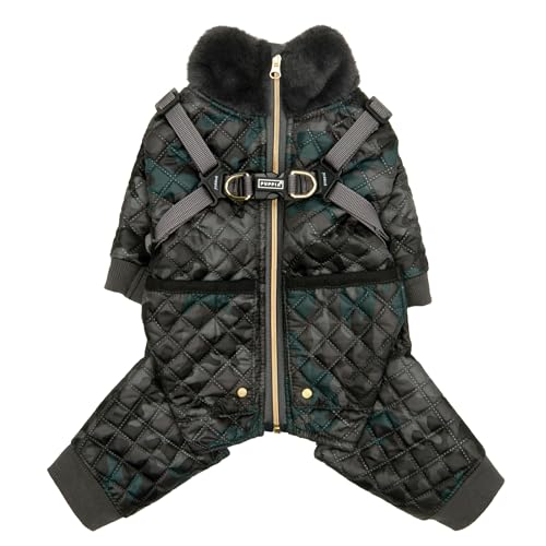 Puppia Bylur Mock Neck Full Zip up Warm Winter Jumpsuit with Integrated Harness for Small and Medium Dogs, Black, Large