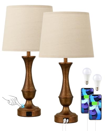 Seealle Upgraded Touch Lamps for Night Stands Set of 2 - Bedside Lamps with USB C+A, 3 Way Dimmable for Bedroom Living Room End Tables Office (Brown&Oat)