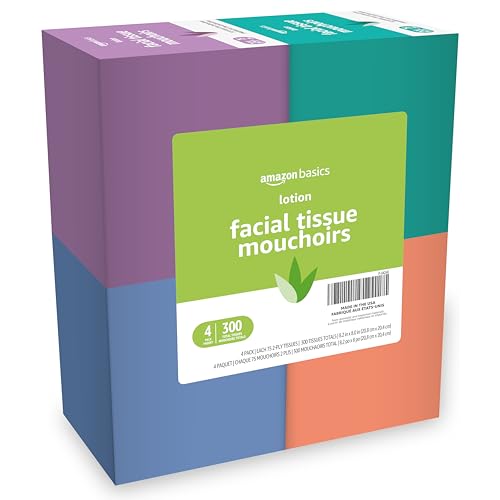 Amazon Basics Facial Tissues with Lotion, 2-Ply, 300 Count (4 Boxes, 75 Tissues per Box), Packaging May Vary