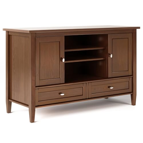 SIMPLIHOME Warm Shaker TV Stand - 47 inch Wide Solid Wood Media Console in Russet Brown, Transitional Entertainment Center for TVs up to 50 Inches with 2 Cabinets, 2 Drawers and Cord Management