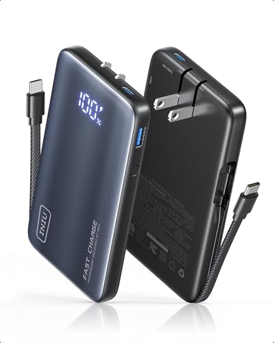 INIU 45W Portable Charger with Built-in AC Wall Plug & USB C Cable 10000mAh, Slimmest 3-in-1 30W GaN Wall Charger, Power Bank for Travel Essentials, for iPhone 17/16/15, Macbook Air, Samsung, iPad etc