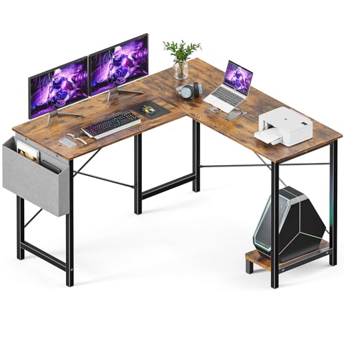 Sweetcrispy L Shaped Desk Computer Gaming Corner Table 51 Inch Home Office Writing Student Work PC Workstation with Side Storage Bag CPU Stand for Bedroom Small Spaces