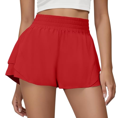 FireSwan Running Shorts for Women 2 in 1 High Waisted Quick Dry Butterfly Flowy Athletic Gym Yoga with Pockets Red Medium