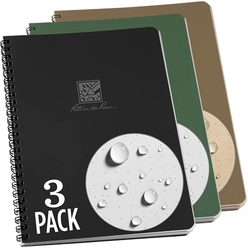Rite in the Rain Weatherproof Side Spiral Notebook, 6.625" x 8.5", Black, Tan, and Green Covers, Dot Grid Pattern, 3 Pack (No. TAC3DG-LG)