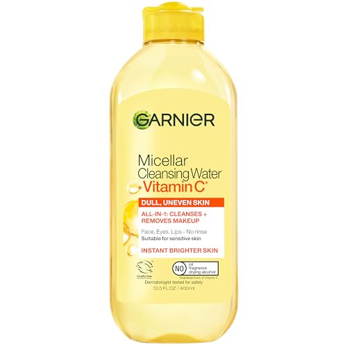 Garnier Micellar Water with Vitamin C, Facial Cleanser & Makeup Remover, Brightening & Hydrating, For All Skin Types, Vegan, Cruelty Free, 13.5 Fl Oz (400mL), 1 Count