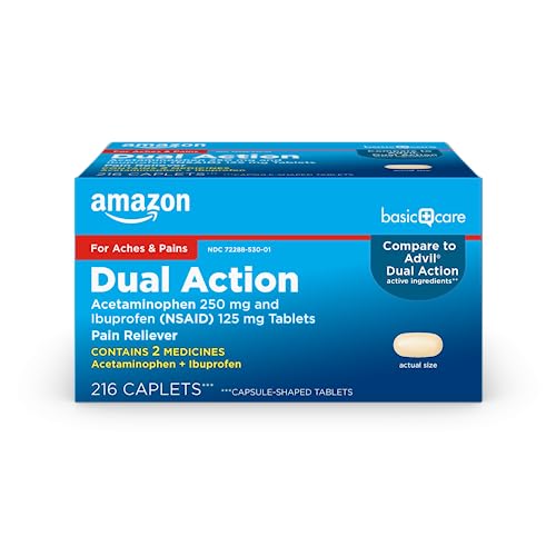 Amazon Basic Care Dual Action Acetaminophen 250 mg and Ibuprofen (NSAID) 125 mg Tablets, Pain Reliever for Headache, Backache, Menstrual Pain, Arthritis Pain Relief, 216 Count