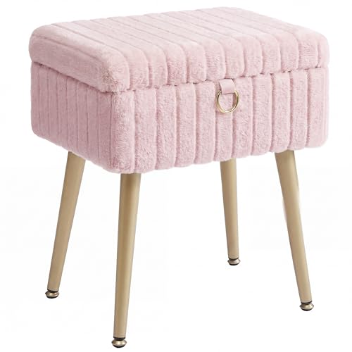SONGMICS Vanity Stool Chair Faux Fur with Storage, Vanity Bench, Metal Legs, Adjustable Feet, for Living Room, Bedroom, Makeup Room, Jelly Pink ULOM505SZ02