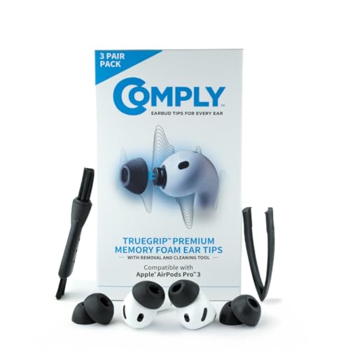 Comply TrueGrip | Premium Memory Foam Replacement Earbud Tips for Apple AirPods Pro Gen 3 | Long Lasting Comfort, Secure Fit, Superior Noise Isolation| Black (S/M/L) (3 Pairs)