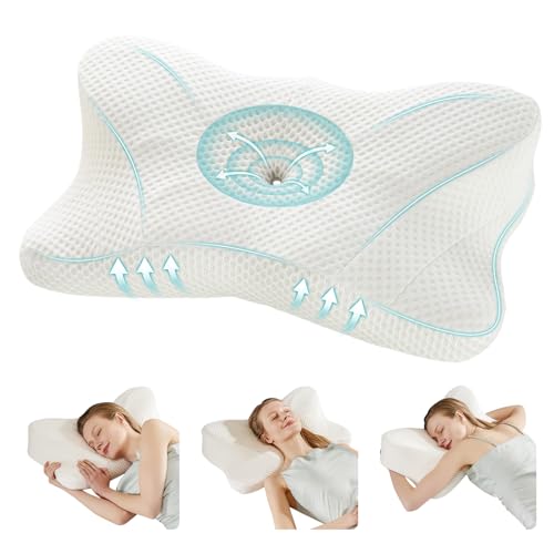 DUMOS Cervical Neck Pillow, Cooling Ergonomic Memory Foam Pillows for Neck Pain Relief with Breathable Pillowcase, Dual Height Orthopedic Support Contour Pillow for Side, Stomach Sleepers, White