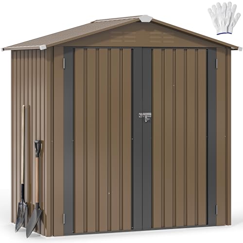 DWVO 6x4ft Metal Outdoor Storage Shed, Waterproof Tool Shed Heavy-Duty Storage Unit with Lockable Door and Vents, Ideal for Bicycles, Tools, Lawnmowers, Backyards, Patios, Lawns - Brown