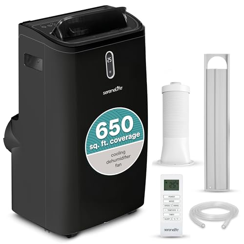 SereneLife 14,000 BTU Portable Air Conditioner - Compact Room Air Conditioner with Dehumidifier & Fan, Mini AC Unit for Rooms Up to 650 Sq. Ft., Window Kit Included, Rolling Wheels, Black