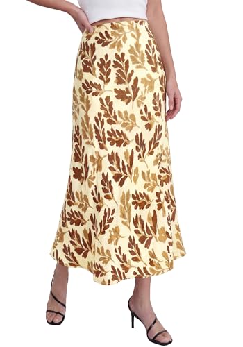 BTFBM Satin Skirts for Women 2025 Fall High Waisted A-Line Leopard Print Cocktail Wedding Long Silk Summer Midi Skirt(Floral Beige Brown Yellow, Medium)