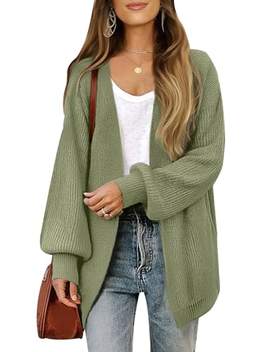 Libsorge Womens Long Cardigan Sweaters for Women Fall Winter Spring 2025 Trendy Outfits Chunky Waffle Knit Oversized Open Front Dressy Casual Lightweight Long Bell Sleeve Cardigans Sweater Green M
