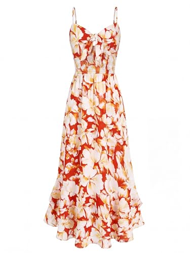 GRACE KARIN Womens Maxi Floral Sundresses Summer Beach Boho Dress Spaghetti Strap Dresses Casual Fashion Clothes with Pockets Orange L