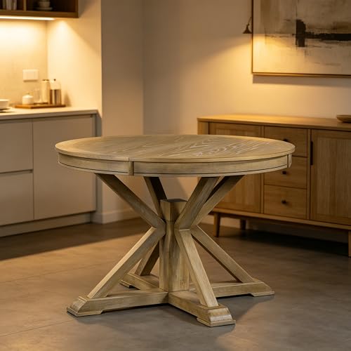 ERYE Retro Style Round Dining Table Functional Wooden Extendable Oval Dining Table with 12" Leaf and Natural Wood Grain Variation Tabletop