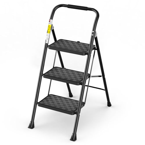 HBTower 3 Step Ladder, Step Stool Foldable for Adults with Wide Anti-Slip Pedal, Lightweight 3 Step Ladders for Home, Black