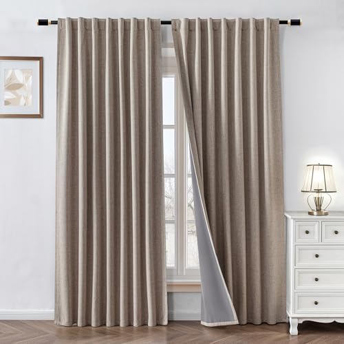 Zyvola 100% Blackout Curtains 84 inch Length 2 Panels Faux Linen Long Drapes for Bedroom Nursery Living Room Black Out Room Darkening Curtain Thermal Insulated Back Tab Rod Pocket(W52 x L84, Beige)