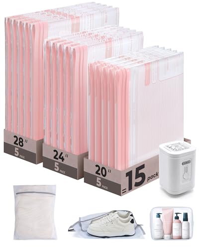 BAGSMART Vacuum Bags for Travel with Rechargeable Air Pump, Portable Space Saver Bags for Travel & Home, Vacuum Compression Seal Bag for Clothing, 18 Pack Pink with Shoe, Laundry & Toiletry Bags