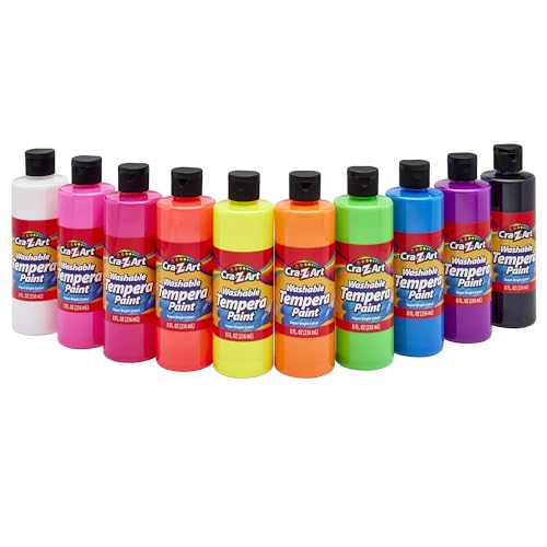 Cra-Z-Art POP! Neon Washable Tempera Paint For Kids Bulk Pack 10ct, Assorted Fluorescent Colors Tempera Paint Set 8oz each bottle, Back To School Teachers Supplies