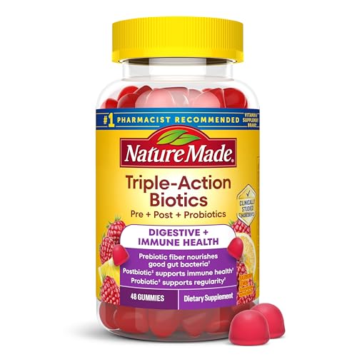 Nature Made Triple-Action Biotics, Gut and Immune Health Support, Digestive Probiotics for Women and Men, Prebiotic Fiber Gummies, 48 Gummies, 24 Day Supply