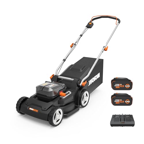 WORX 17'' Cordless Lawn Mower, 2 in 1 Electric Mower Cuts to Edge, Compact & Lightweight Push Lawn Mower with 6-Position Height Adjustment for Medium Size Yards, 2 Batteries & Charger Included, WG745