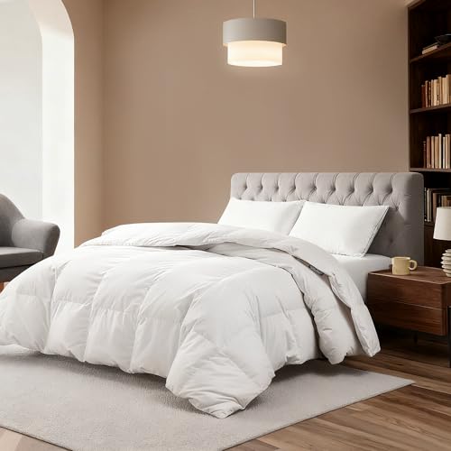 Hotel Suite Luxurious Feather and Down Comforter Duvet Insert Full/Queen Size, 100% Cotton Cover, Hotel Collection Quilts, 56 oz Fill Weight, All Season Medium Warmth 88 x 88 Inch White