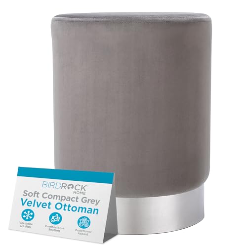 BIRDROCK HOME Round Ottoman Foot Stool – Modern Soft Padded Velvet Vanity Chair with Silver Metal Trim – Accent Chair or Foot Rest for Living Room, Bedroom, or Dressing Room (Gray)