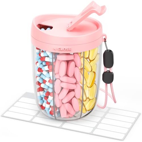 AMOOS Large Pill Dispenser with 6 Compartments, Anti-Mix Pill Bottle Organizer with Wide Opening & Easy Retrieval, Vitamin Organizer for Travel, BPA-Free Pill Box with a Strap, Pink