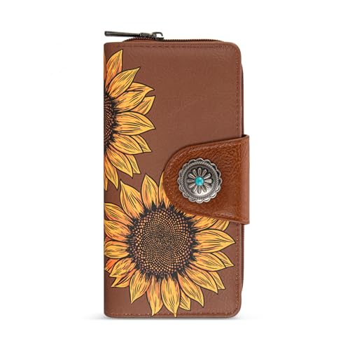Montana West Brown Sunflower Wallets for Women RFID Blocking Wallet Large Capacity Phone Clutch Wallet Ladies Female Western Bifold Wallets with Coin Purse
