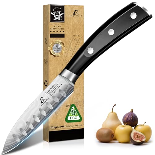 CoquusAid Paring Knife 3.75 Inch Fruit Knives, Small Kitchen Knife, Ultra Sharp German Stainless Steel Vegetable Knives, Damascus Pattern, Full Tang Handle Design, Elegant Black Ideal for Gift