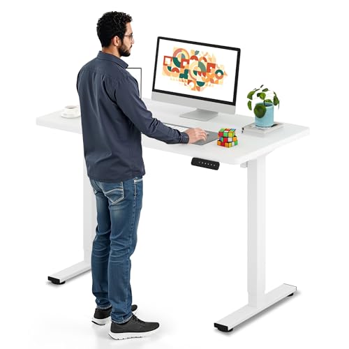 SANODESK Electric Standing Desk 48 x 24 Inches Whole-Piece Desktop Height Adjustable Stand Up Desk w/6-Button Controller Ergonomic Computer Desk for Home Office, White Frame + White Tabletop