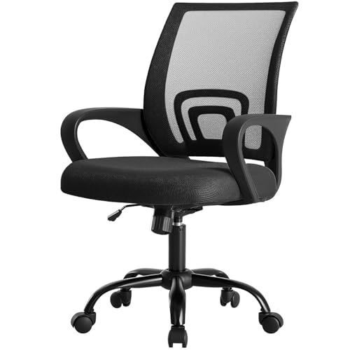DUMOS Home Office Chair - Ergonomic Mid Back Mesh Desk Chair with Lumbar Support & Rocking Mode, Height Adjustable with Fixed Armrest, for Computer, Gaming, Meeting, 360° Swivel, Black