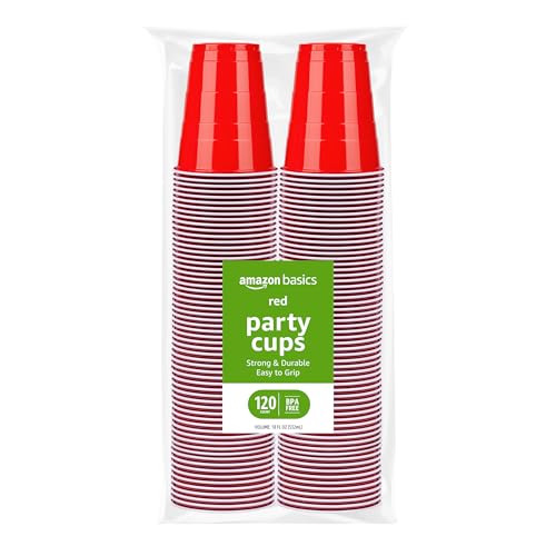 Amazon Basics Disposable Red Plastic Party Cups, BPA-Free, 18oz, for Birthdays, BBQs and Events, 120 Count