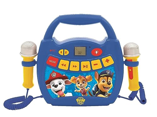 LEXiBOOK – Paw Patrol - Portable Karaoke Digital Player for Kids – Microphones, Light Effects, Bluetooth, Record and Voice Changer Functions, Rechargeable Battery, Blue/red, MP320PAZ