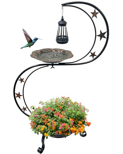 OUISJYER Solar Bird Bath for Outside, Vintage Metal Bath Bowl Standing Birdbaths with Flower Planter for Garden Yard Lawn Decor