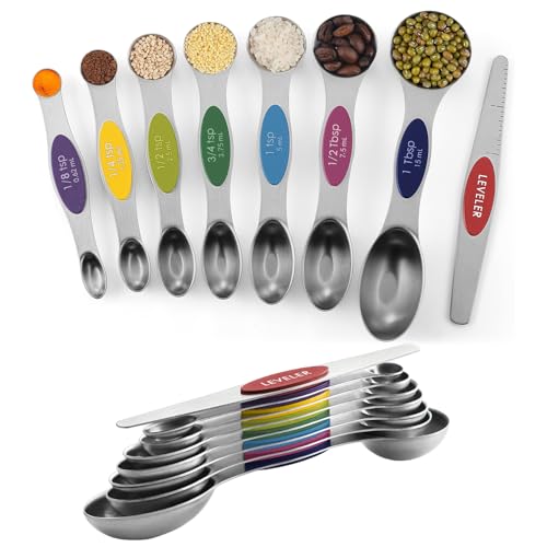ChefAide Pack of 8 Stainless Steel Magnetic Measuring Spoons Set, Dual Sided, Stackable, Adjustable Teaspoon and Tablespoon Measure Spoon with Leveler, Kitchen Gadgets