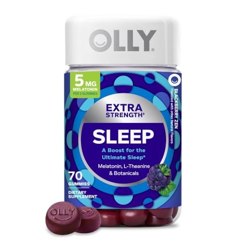 OLLY Extra Strength Sleep Gummies for Adults, 5 mg Melatonin Sleep Support Supplement* L-Theanine & Botanical Extracts, Restful Sleep Support*, BlackBerry Zen Flavor, Gluten Free, 70 Count