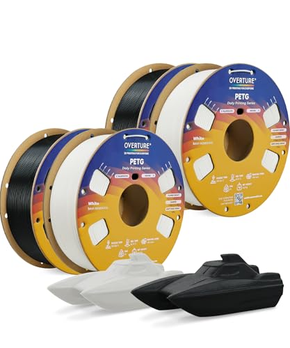 OVERTURE 4KG Bundle PETG 3D Printer Filament 1.75mm, Neatly Wound Durable PETG 4 Pack 1kg(2.2lbs), Strong Toughness Filament, Dimensional Accuracy +/- 0.02mm, Fit Most FDM Printers (Black*2+White*2)