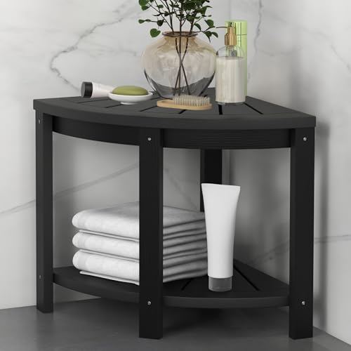 DWVO Corner Shower Stool with Shelf w/Non-Slip Feet, Waterproof Shower Stool 352Lbs Capacity for Bathroom Spa, Wood Texture Shower Bench for Indoor Outdoor Use, Quadrant, Black, 15.7" W*17.3" H