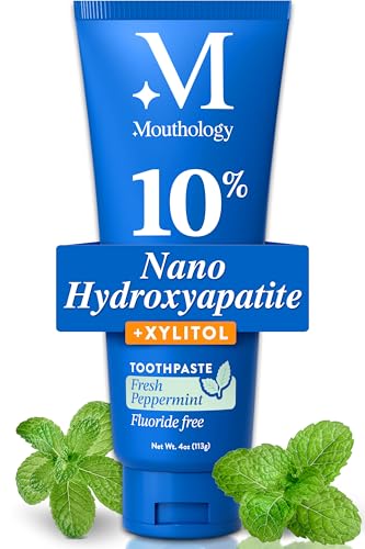 Mouthology 10% Nano Hydroxyapatite Toothpaste Fluoride Free, Whitening*, Rod Shaped nHa, Xylitol Toothpaste for Adults, Enamel Care*, Sensitive Teeth*, SLS Free, Mint 4oz (USA Made) Package May Vary