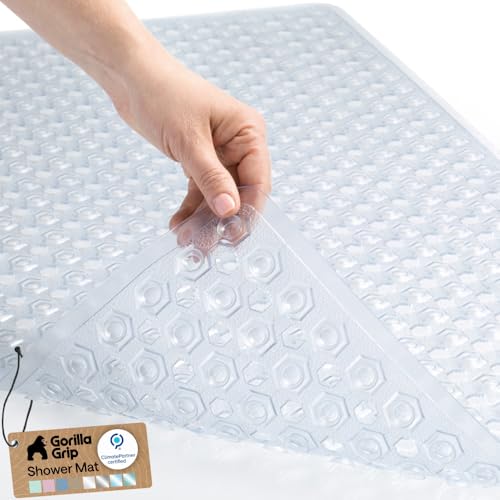 GORILLA GRIP Patented Bath Tub Shower Mat, Machine Washable Bathtub Floor Liner Mats, Suction Cups and Drain Holes to Keep Tubs Clean, Soft on Feet, Bathroom Essentials, 35x16 Inch, Clear