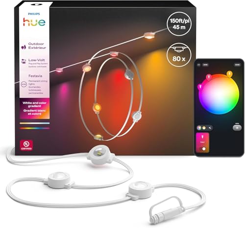 Philips Hue Festavia 150ft Permanent Outdoor String Lights, 80 Dimmable LED Lights, 55 Lumens Each, Weatherproof, Water-Resistant, White Wire, Color Ambience, Bridge Required