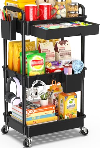 SUNALLY 3 Tier Rolling Cart with Drawer, Bathroom Storage Organizer with 2 Lockable Wheels, Multifunctional Rolling Storage Cart for Bathroom, Kitchen, Office, Craft, Makeup, Baby Essentials, Black