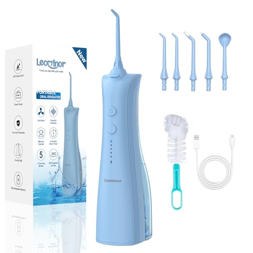 Leominor Water Dental Flosser - 5 Modes Cordless Oral Irrigator, IPX7 Waterproof, Rechargeable Teeth Cleaner Upgrade Datchable Tank Professional Flossing Cleaning Pick for Home Travel(S Blue)