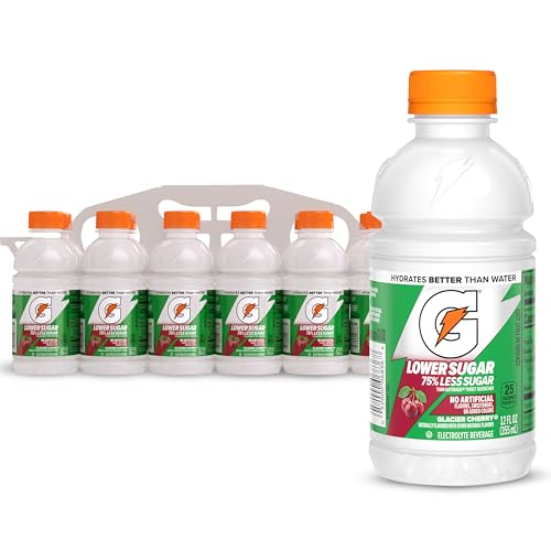 Gatorade Lower Sugar Electrolyte Sports Drink, Glacier Cherry, 12 fl oz Bottles, (12 Pack), 75% Less Sugar, No Artificial Flavors, No Artificial Sweeteners, No Artificial Colors, Hydration