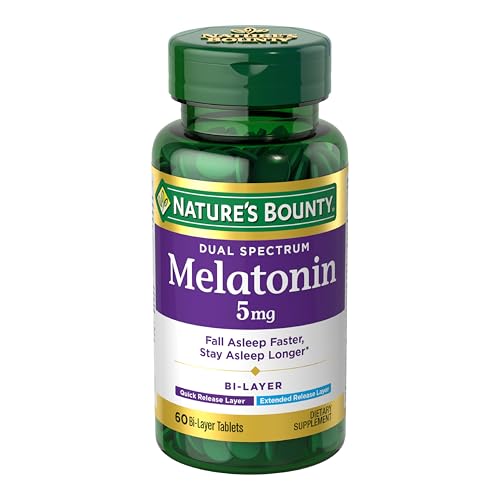 Nature’s Bounty Melatonin 5mg Dual Spectrum, 100% Drug Free Sleep Supplement, Quick Release and Extended Release, Promotes Relaxation and Sleep Health, 60 Bi-Layer Tablets