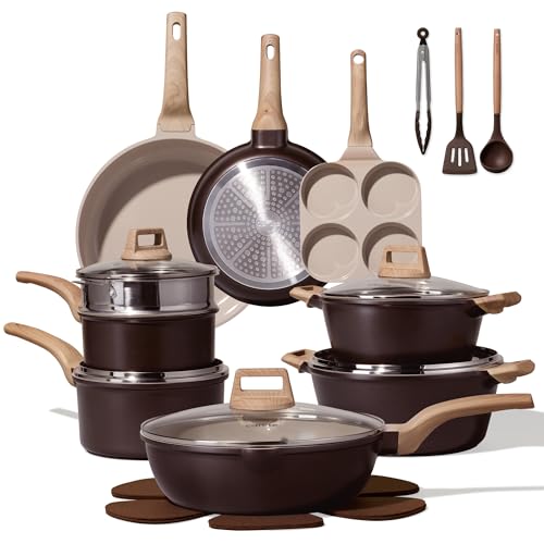 CAROTE 21 PCS Ceramic Cookware Set, Pots and Pans Set Non Stick, Pot and Pan Set with Frying Pan, Induction Ready Cooking Set for Kitchen, PFOS/PFOA/PFAS Free, Brown