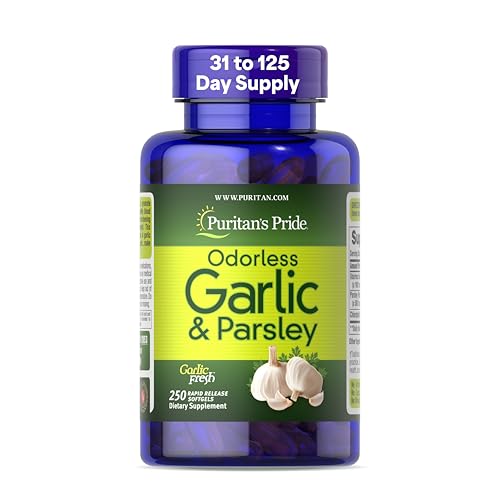 Puritan's Pride Preimum Odorless Garlic 5 mg (500 mg equivalent) & Parsley, Traditional Dietary Supplement for Heart Health, Circulation, and Blood Flow Support, 250 Rapid Release Softgels