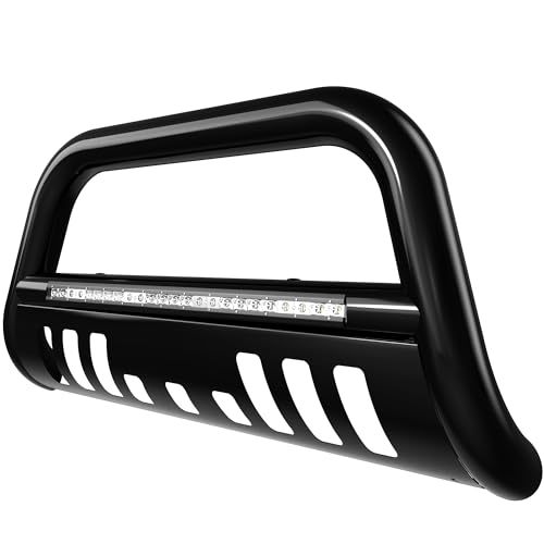 YITAMOTOR Bull Bar Compatible for 2007-2021 Toyota Tundra/2008-2022 Sequoia w/LED Light, 3" Stainless Steel Black Tubing Brush Push Bar Front Bumper Grille Guard Include Skid Plate